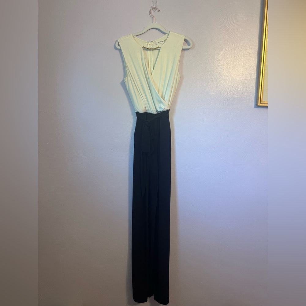 Calvin Klein Sleeveless Black and Cream White Jumpsuit with Gold Size 2